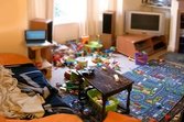 Clutter from toys in a home living room