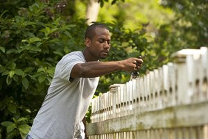 Homeowner painting his fence