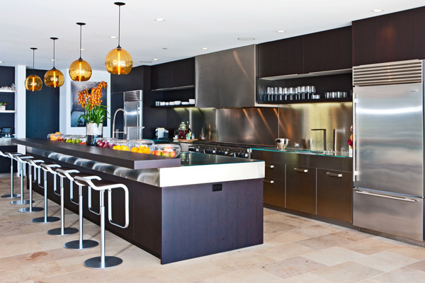 Large kitchen with multiple stools