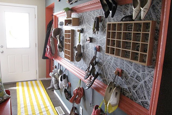 Creative entryway with shoes on hooks