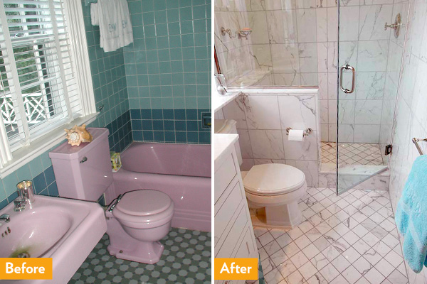 A dated bathtub was replaced by a shower